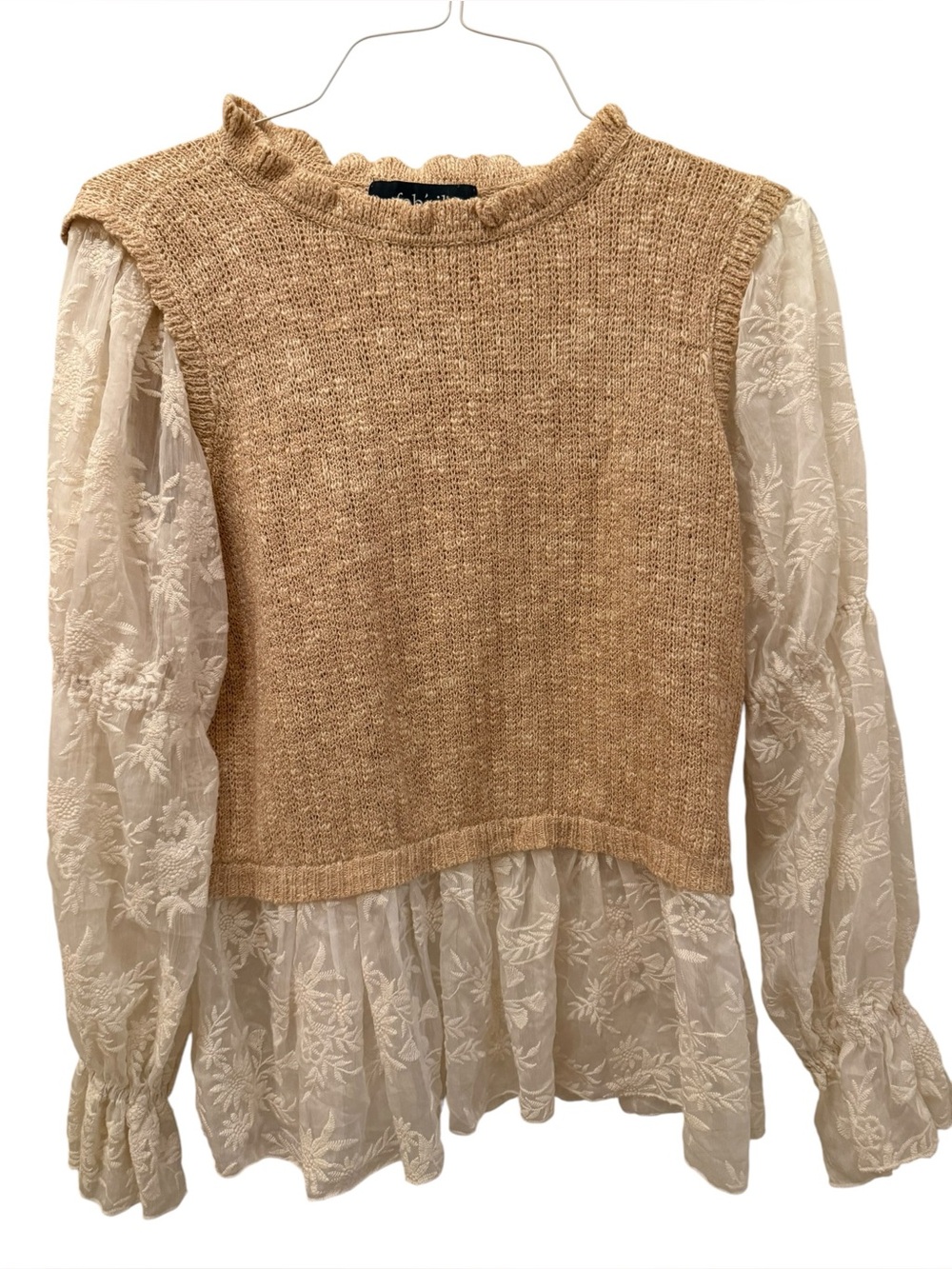 fab'rik Layered Knit Tank with Embroidered Sheer Blouse - Beige Cream